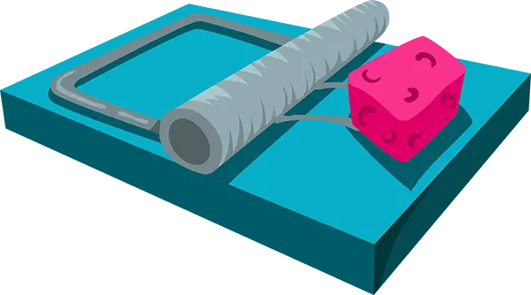 Illustration of a mouse trap featuring a metal spring-loaded bar and a pink piece of cheese placed on a turquoise surface.