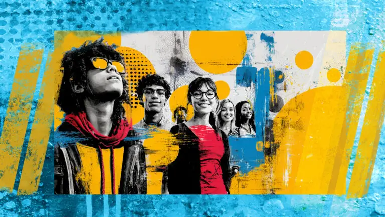 Bright colourful illustration of a group of young people, high contrast, layered, textured image to represent adaptive teaching