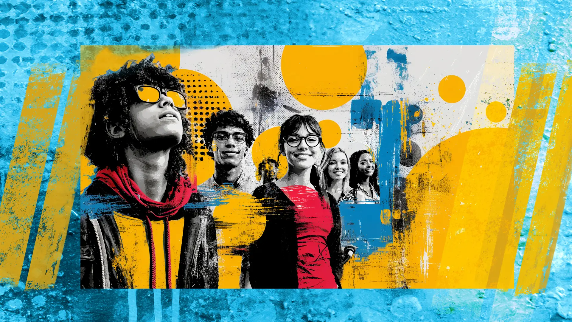 Bright colourful illustration of a group of young people, high contrast, layered, textured image to represent adaptive teaching