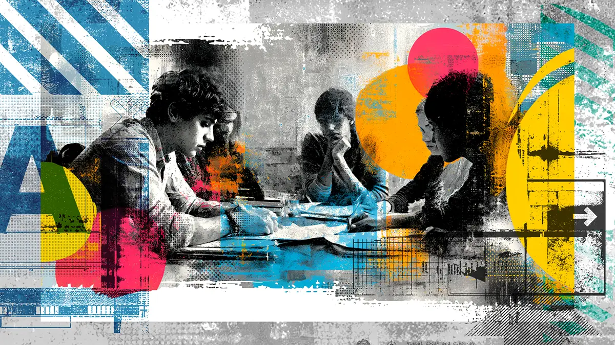 A small group of students sat around table studying - trying to work out how to Harvard reference.