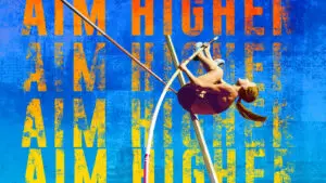 Female pole vaulter jumps over high bar. vivid blue background - screenprint style to represent high expectations teaching