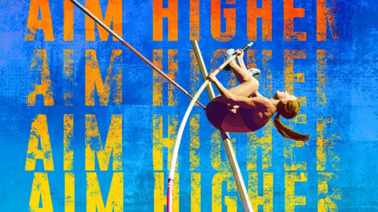 Female pole vaulter jumps over high bar. vivid blue background - screenprint style to represent high expectations teaching