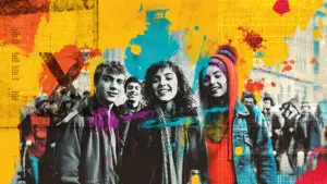 A group of diverse students smile at camera, layered print, bright colours representing writing effective student group profiles