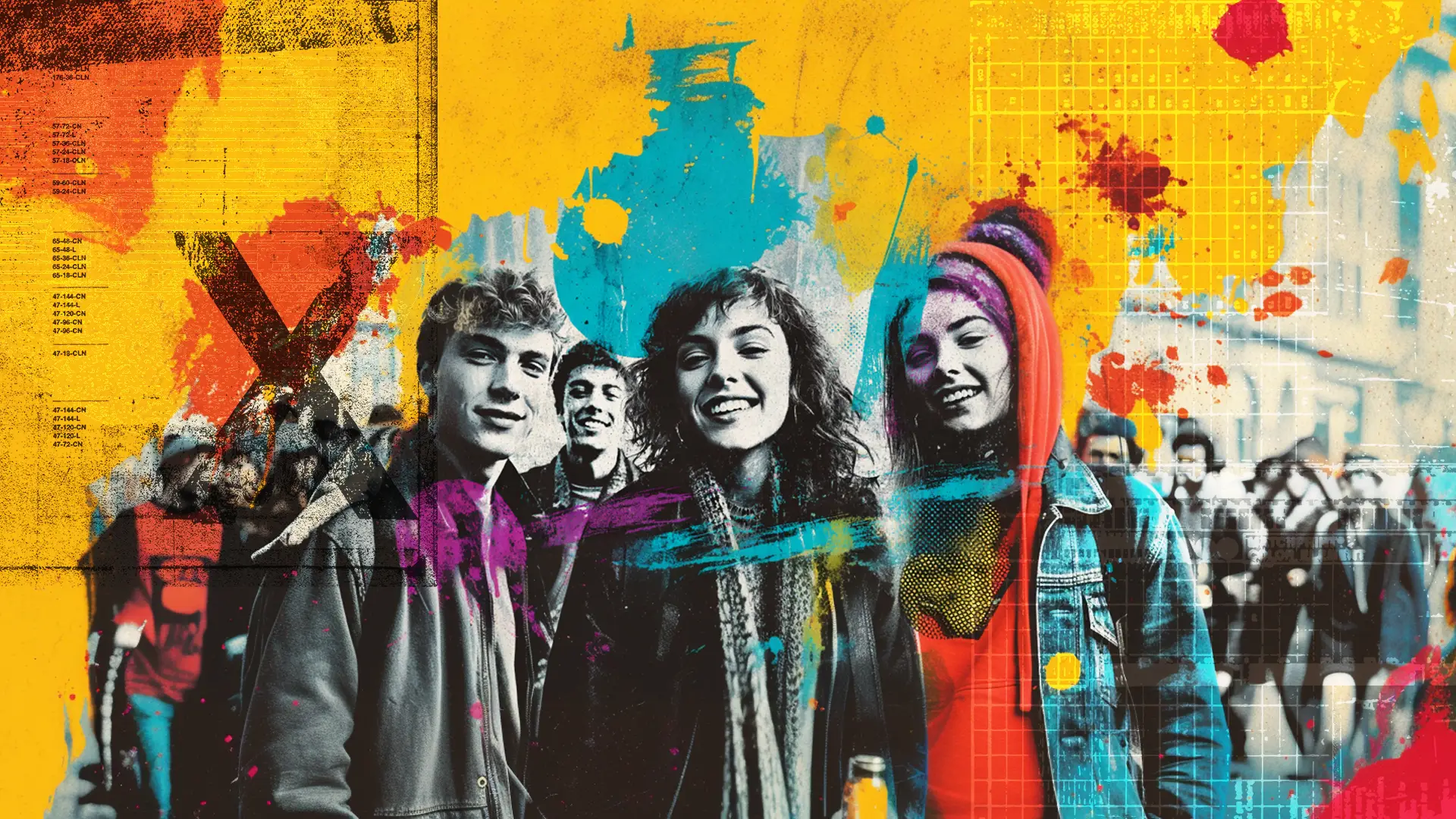 A group of diverse students smile at camera, layered print, bright colours representing writing effective student group profiles