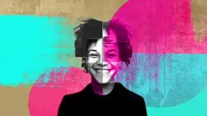 Colourful layered screenprint and grungy textured image of a young smiling balck gir; in black and white. Her face is made up from mul;tiple different images of each feature to convey the concept of building student identity