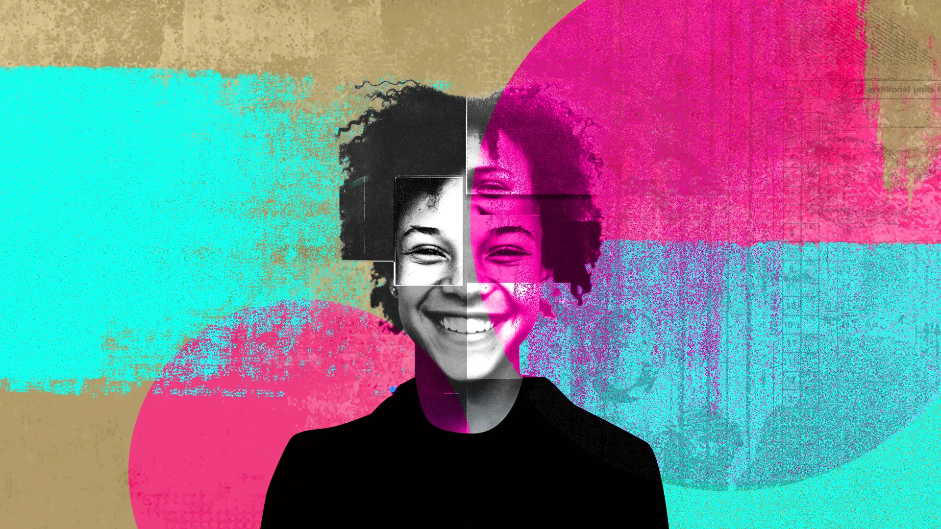 Colourful layered screenprint and grungy textured image of a young smiling balck gir; in black and white. Her face is made up from mul;tiple different images of each feature to convey the concept of building student identity