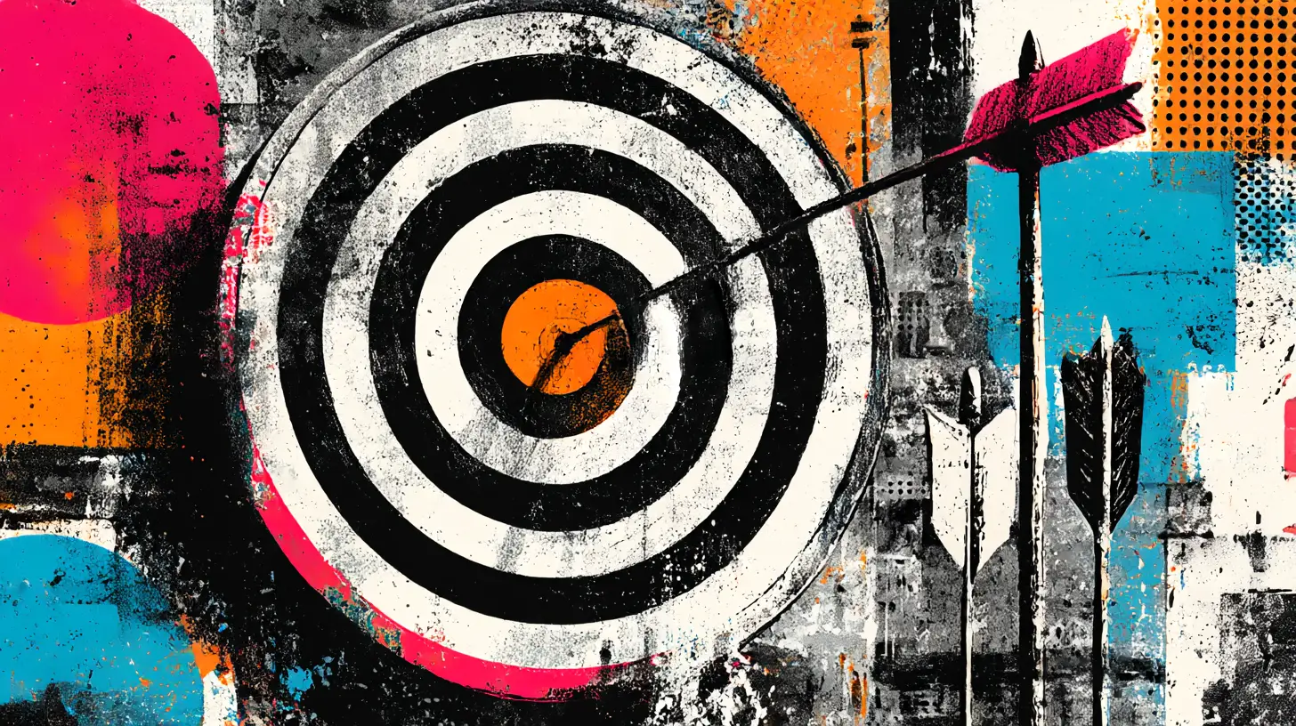 Grungy screenprint style illustration of a target with an arrow. layered textures and neon colours