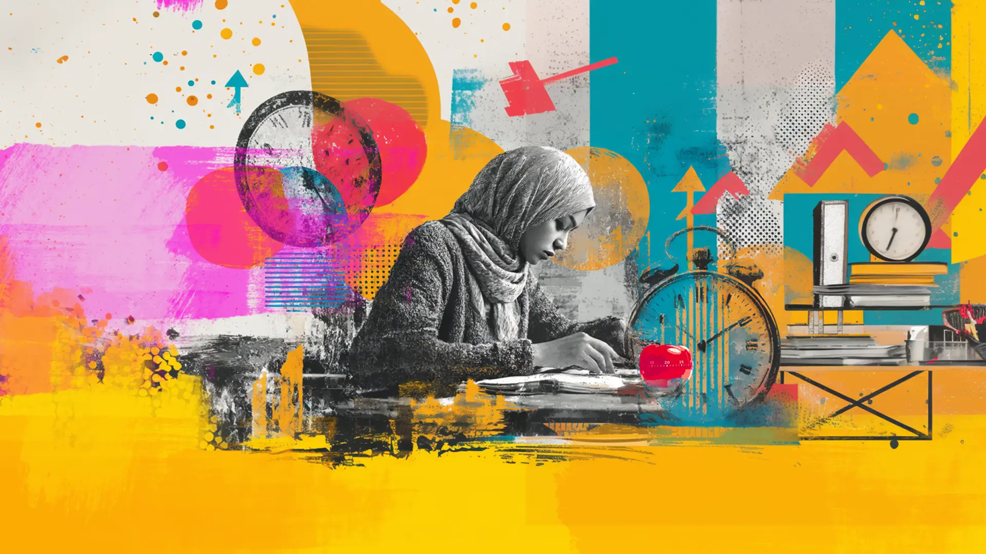 Young Muslim girl in head scarf studying using the Pomodoro Time Management technique, bright colours, layered screenprint textures