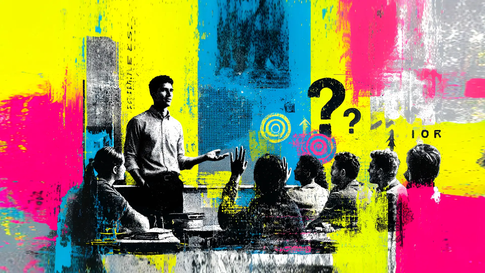 Young male South Asian teacher asking questions of his students, some have their hands up. Textured screenprint style with high contrast neon colours to represent effective teacher questioning strategies