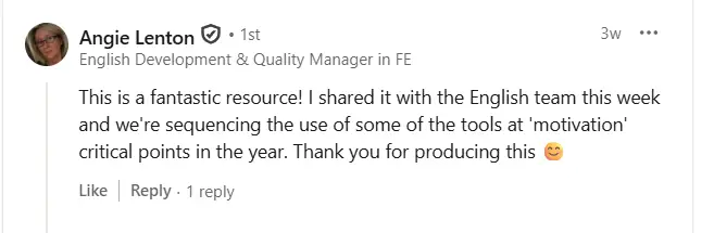 Angie Lenton: English Development & Quality Manager in FE's Linkedin comment recommending the Student IdentiKIT