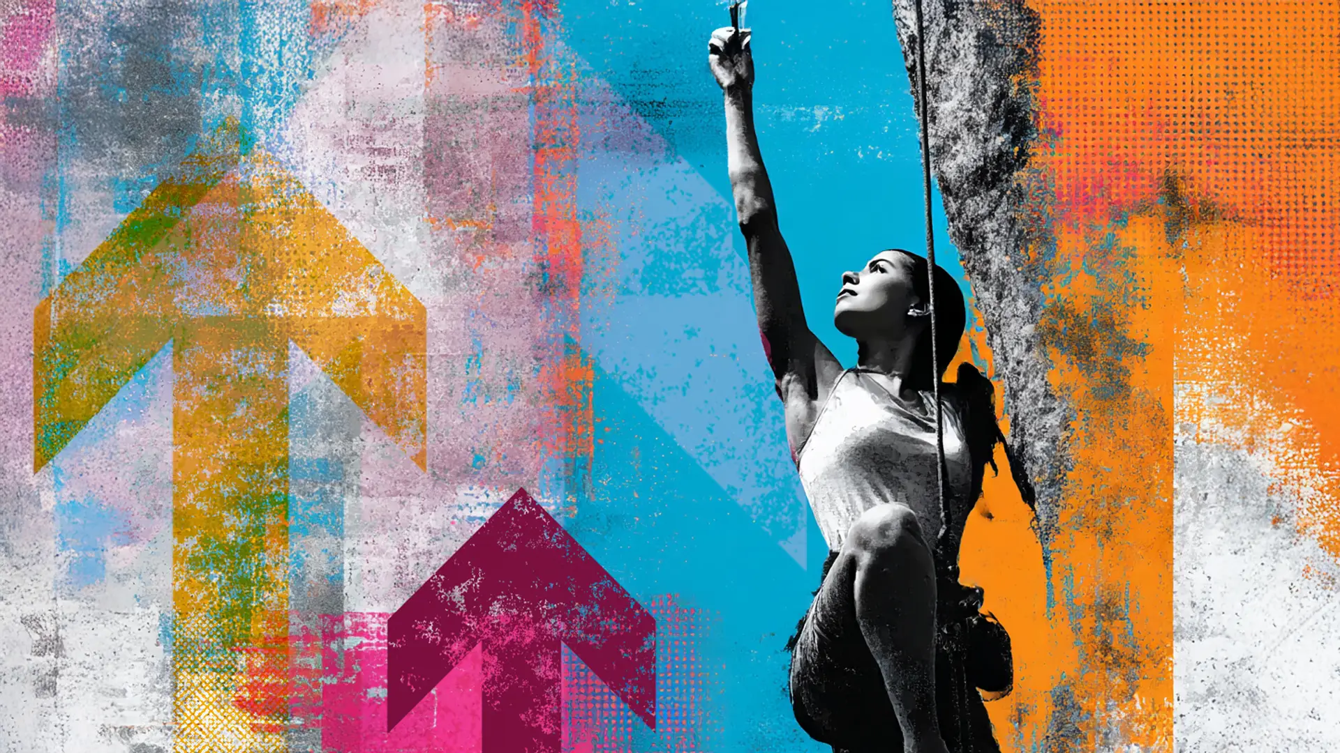 Female rock climber reaching upwards - Screenprint style bright colours and graphic elements to represent Stretch and Challenge