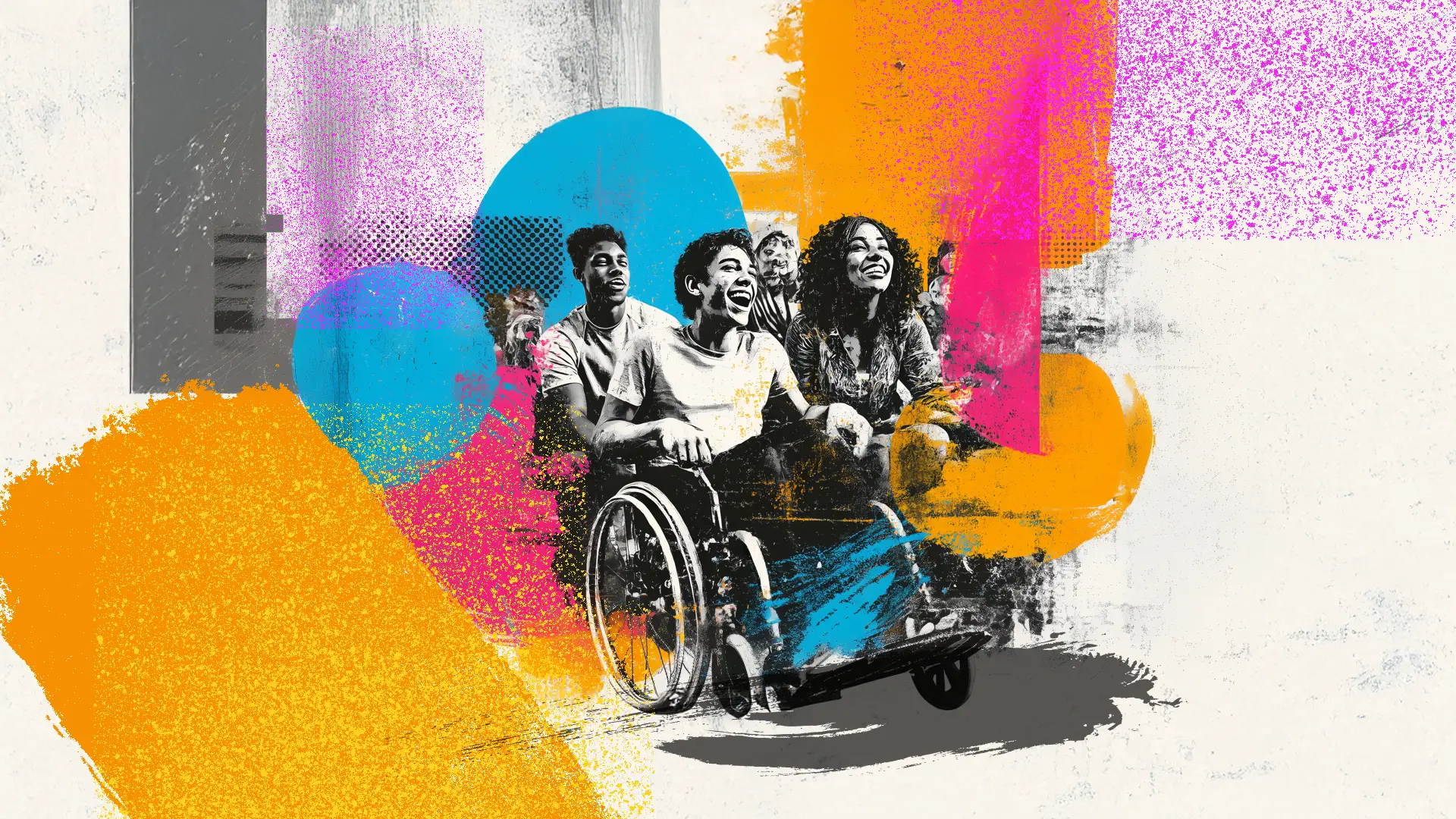 Planning for STudent Induction illustration of a diverse group of happy college students including one who is a wheelchair user involved in a team building game. Layered print textures. a dynamic, modern, grungy mixed media montage with photographic elements, graphic shapes, distressed textures