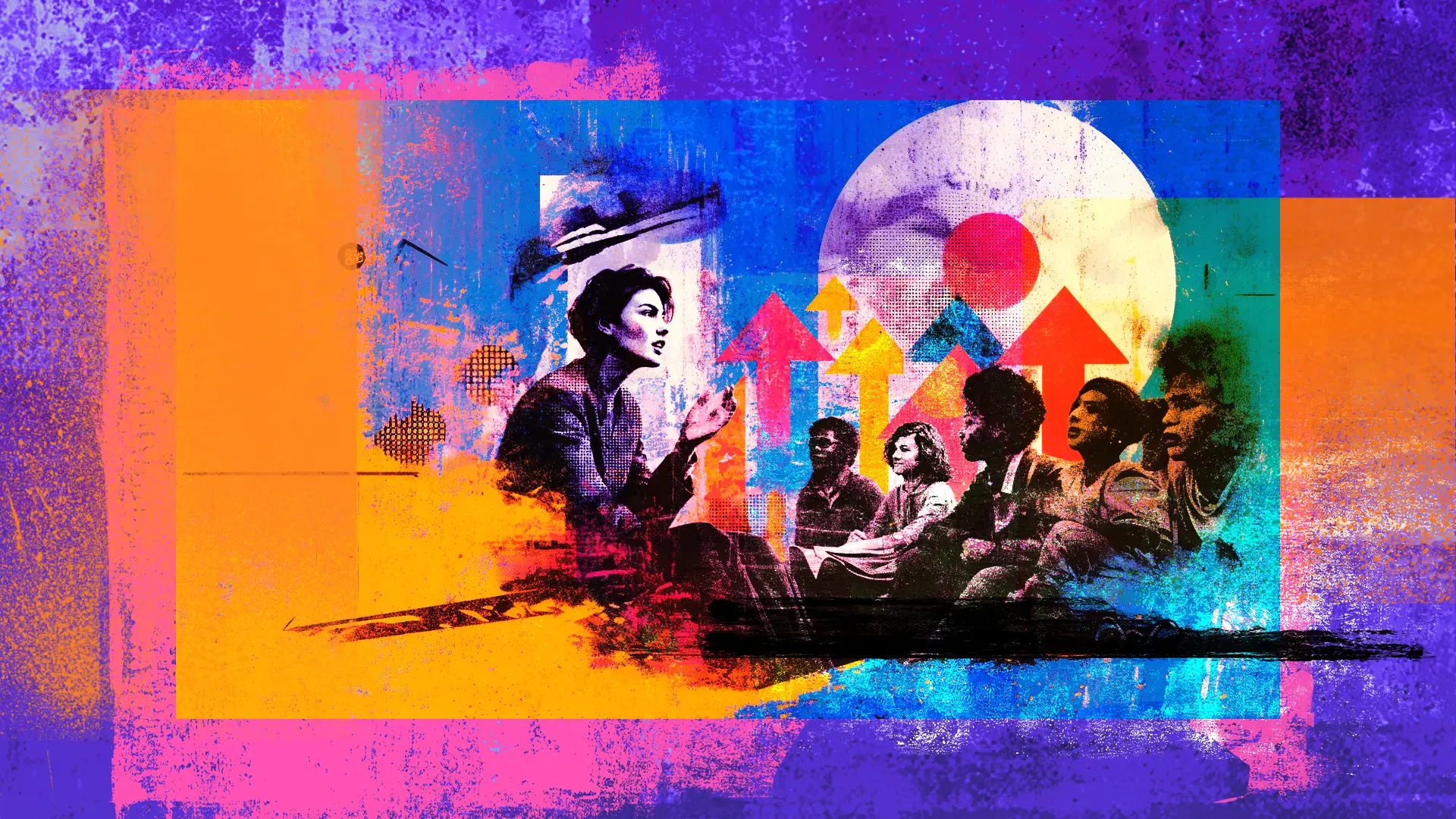 A screenprint illustration, leyered textures and neon colours of a young female teacher talking to a group of students to communicate the concept of classroom behaviour management strategies for teachers.