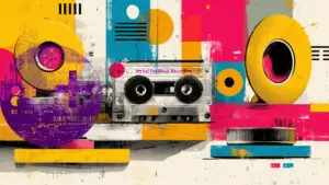 Abright, layered screenprint with grungy textures of a casette tape facing forwards to communicate the concept of capturing verbal feedback in student one-to-ones