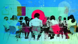 A textured and layered illustration of students sat at computer screens, print style, neon colours depicting the concept of inclusive PowerPoint design