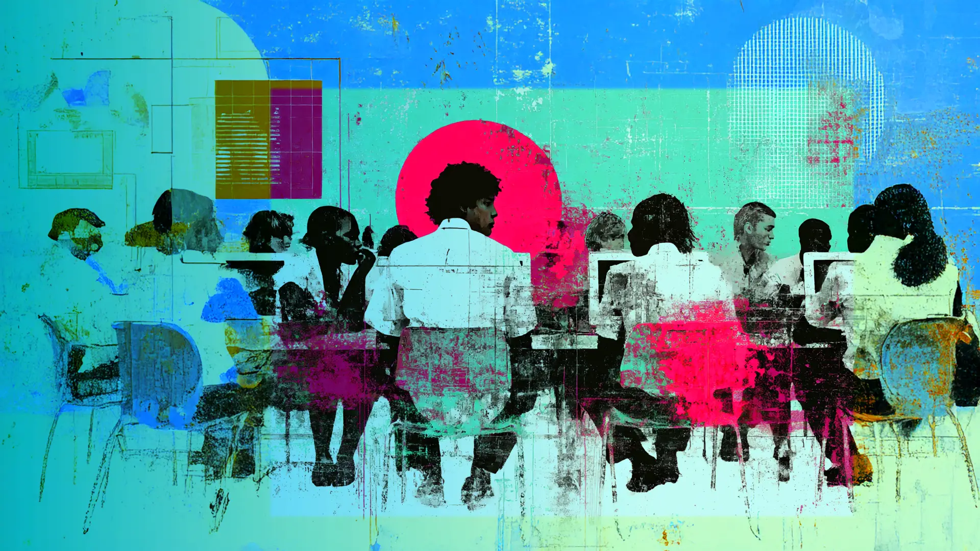 A textured and layered illustration of students sat at computer screens, print style, neon colours depicting the concept of inclusive PowerPoint design