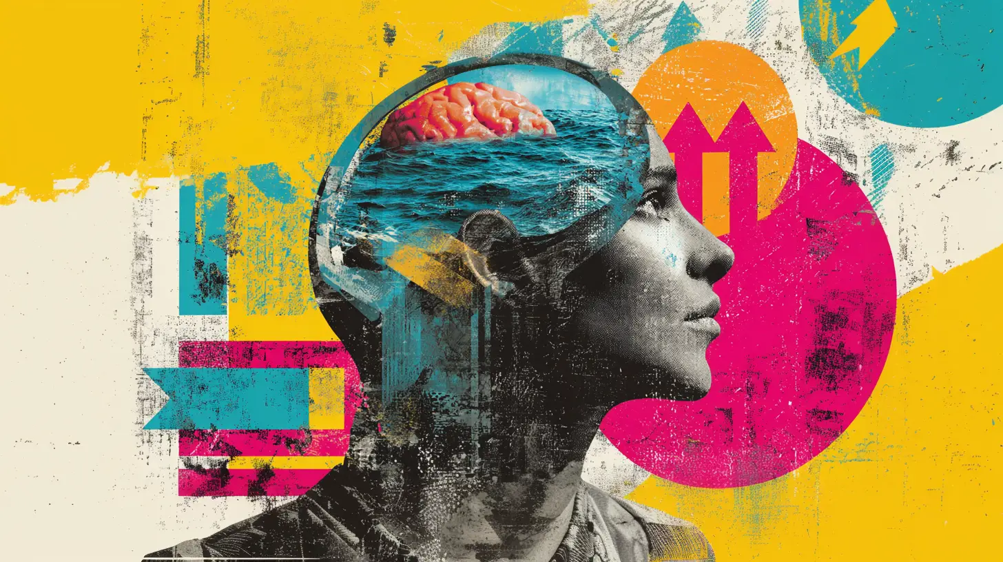 Bright and colourful illustrated collage of a black and white image of a person with the sea rising and falling inside their head, with a brai n half submerged like an island to illustrate the concept of Cognitive Load Theory