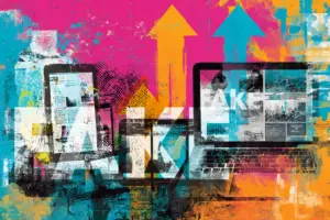 A colourful layered graphic motage with computers and the word Fake to accompany the article on misinformation